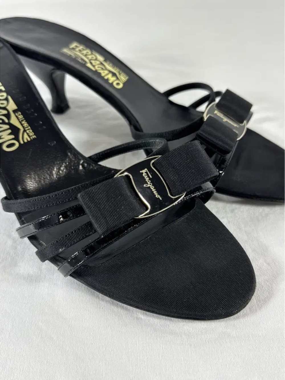 $850 Salvatore Ferragamo 'Glory’ Strappy Patent Leather Heels
